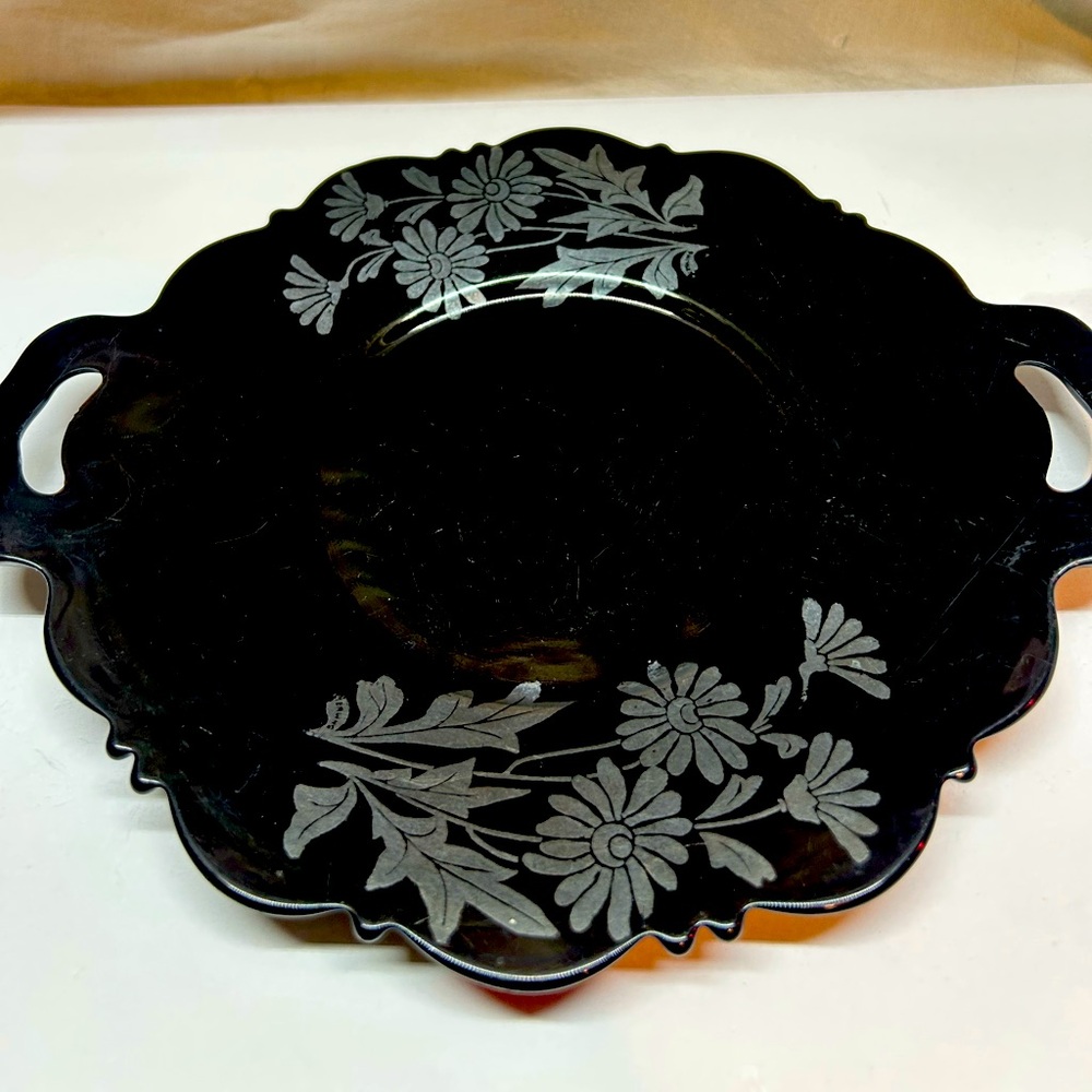 L.E. Smith Mt. Pleasant Black Amethyst Glass serving plate with two handles.